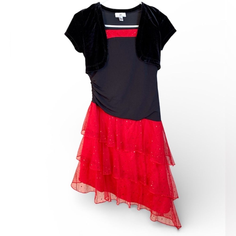 Girls IZ Size14 Burr California Black Red Velvet Shrug Tiered Mesh Sequin Dress